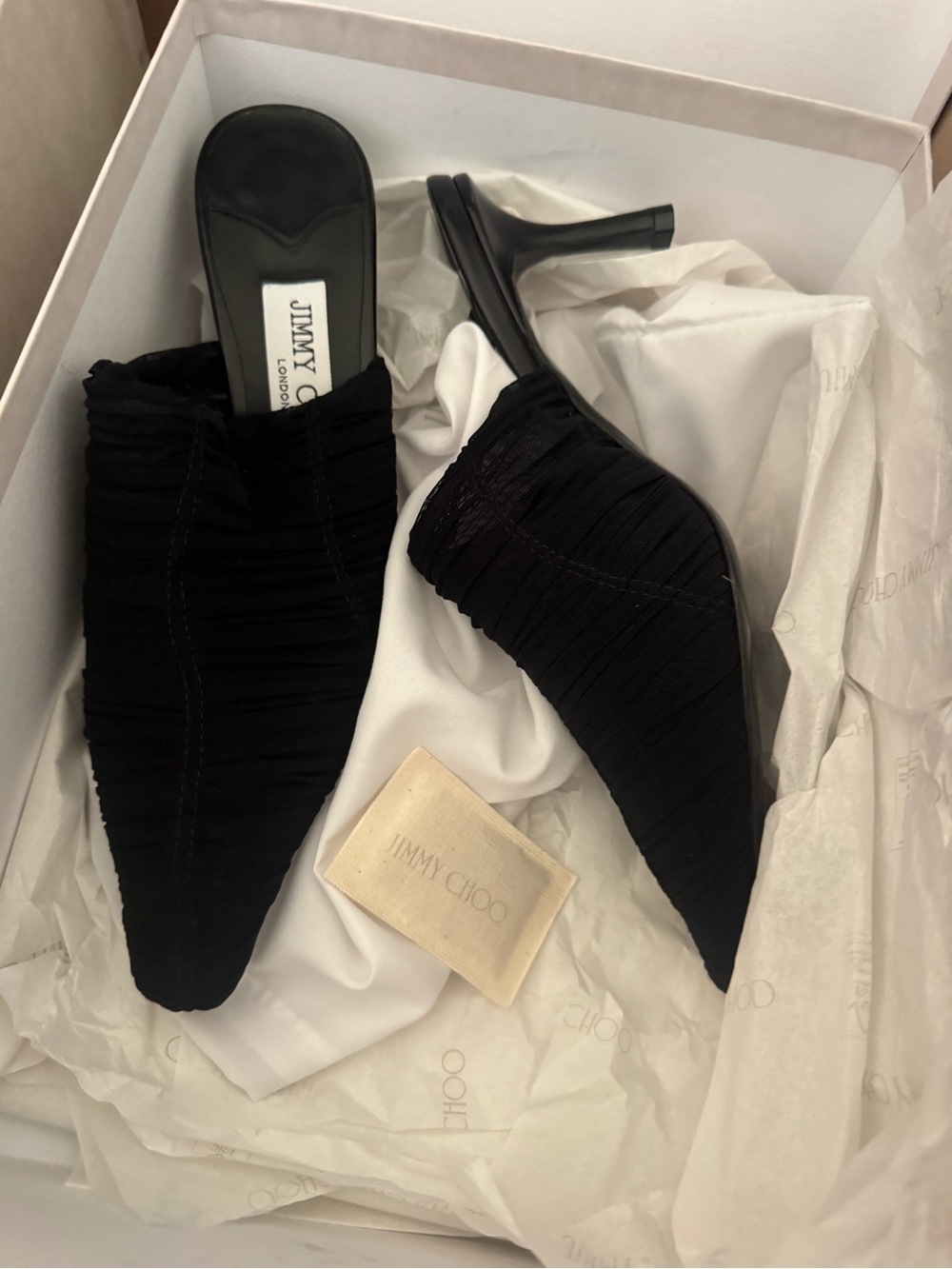 Jimmy Choo Black Ruched Pointed-Toe Mule Heels